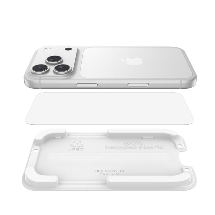 368fcfd0dd6bc19_OVA193fq_UltraGlass_2_Treated_iPhone17Pro_web_03 Belkin SCREENFORCE TemperedGlass pour iPhone 14 Pro Max (Machine Application) – Transparent SKU: SFA072EC - Image 1