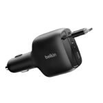 Chargeur de voiture rétractable Belkin BoostCharge 75 W à 2 ports, noir