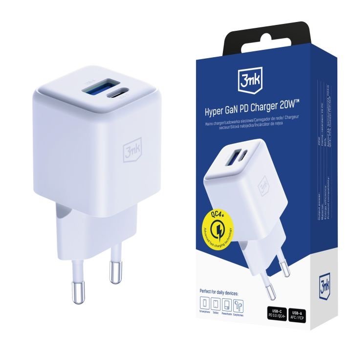 img_0039 3mk Hyper GaN 20W Ultra-Compact Fast Charger (1x USB-C, 1x USB-A) White — Model: 5903108640084 - Image 1