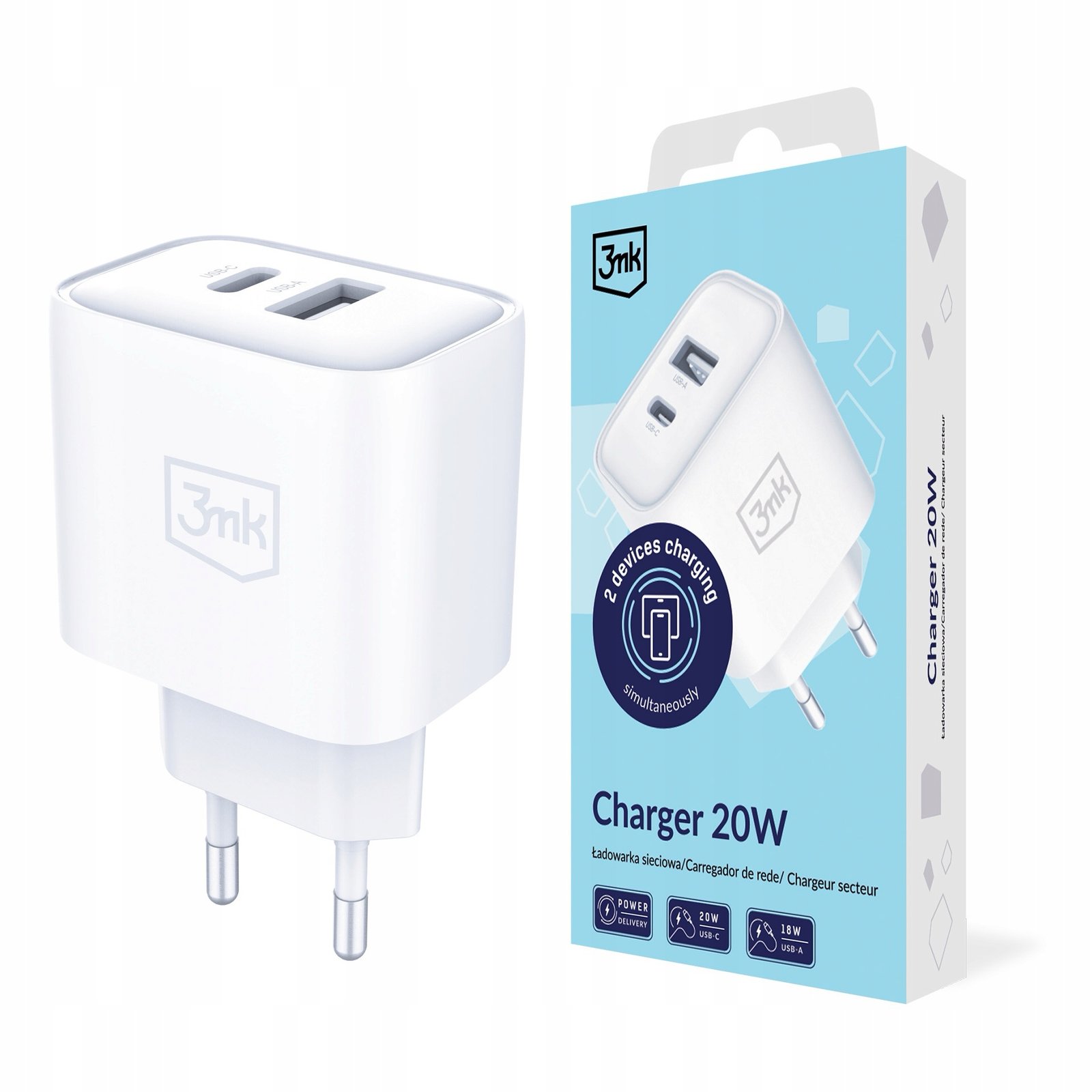 img_0042 3mk PD 20W Dual Port Wall Charger (1x USB-C, 1x USB-A) White — Model: 5903108584326 - Image 1