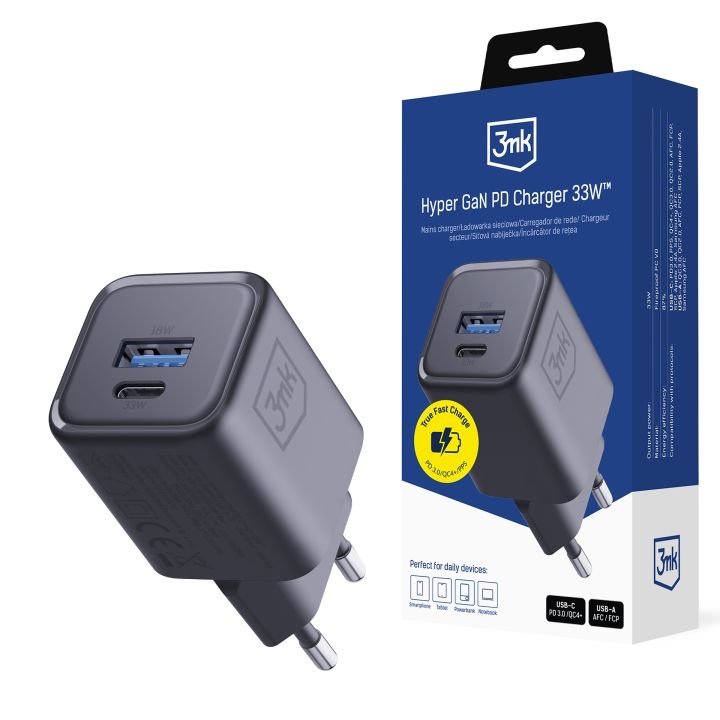 img_0046 3mk Hyper GaN 33W Fast Charger (1x USB-A, 1x USB-C) Black — Model: 5903108684316 - Image 1
