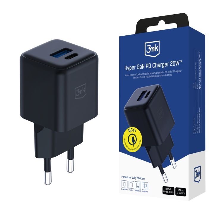 img_0047 3mk Hyper GaN 20W Ultra-Compact Fast Charger (1x USB-C, 1x USB-A) Black — Model: 5903108640091 - Image 1