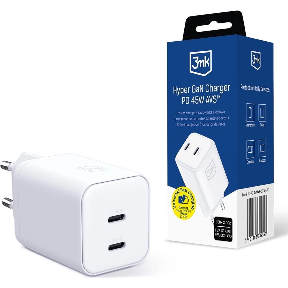 img_0048 3mk Hyper GaN 45W Dual Port Fast Charger (2x USB-C) White — Model: 5903108739597 - Image 1