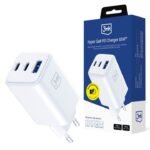 3mk Hyper GaN 65W Fast Wall Charger (2x USB-C, 1x USB-A) White — Model: 5903108640107