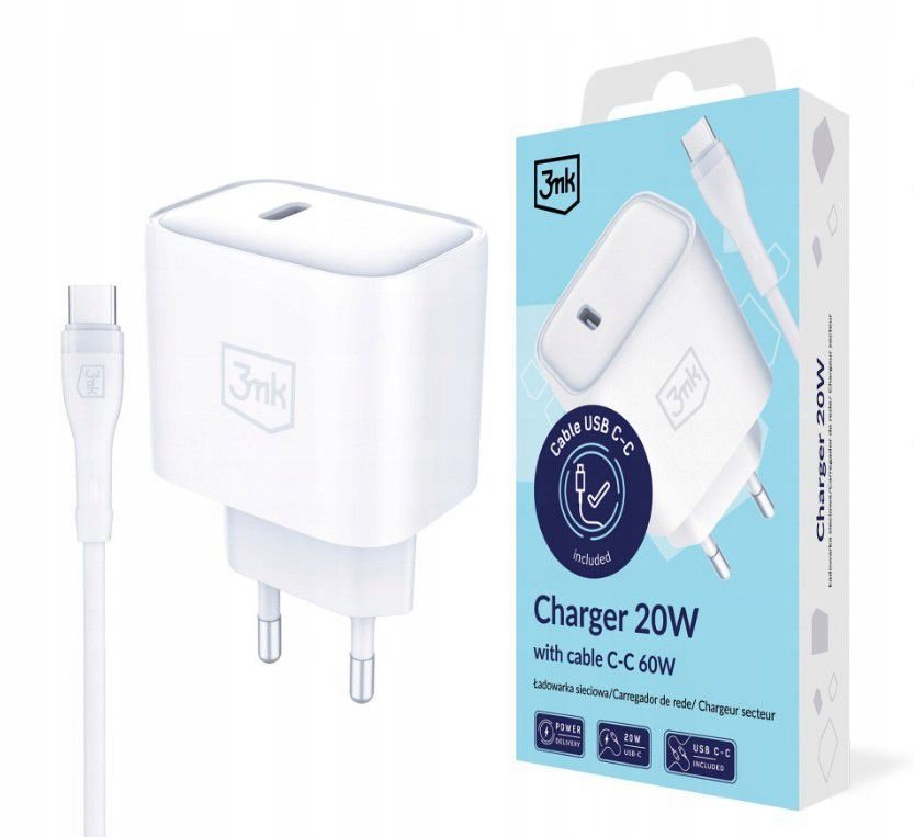 img_0062 3mk PD 20W Fast Wall Charger + 60W USB-C to USB-C Cable White — Model: 5903108584296 - Image 1