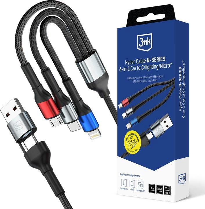 img_0073 3mk Hyper N-Series 6-in-1 Multi-Cable 1.2m (C/A to C/Lightning/Micro, 18W) Black — Model: 5903108685252 - Image 1