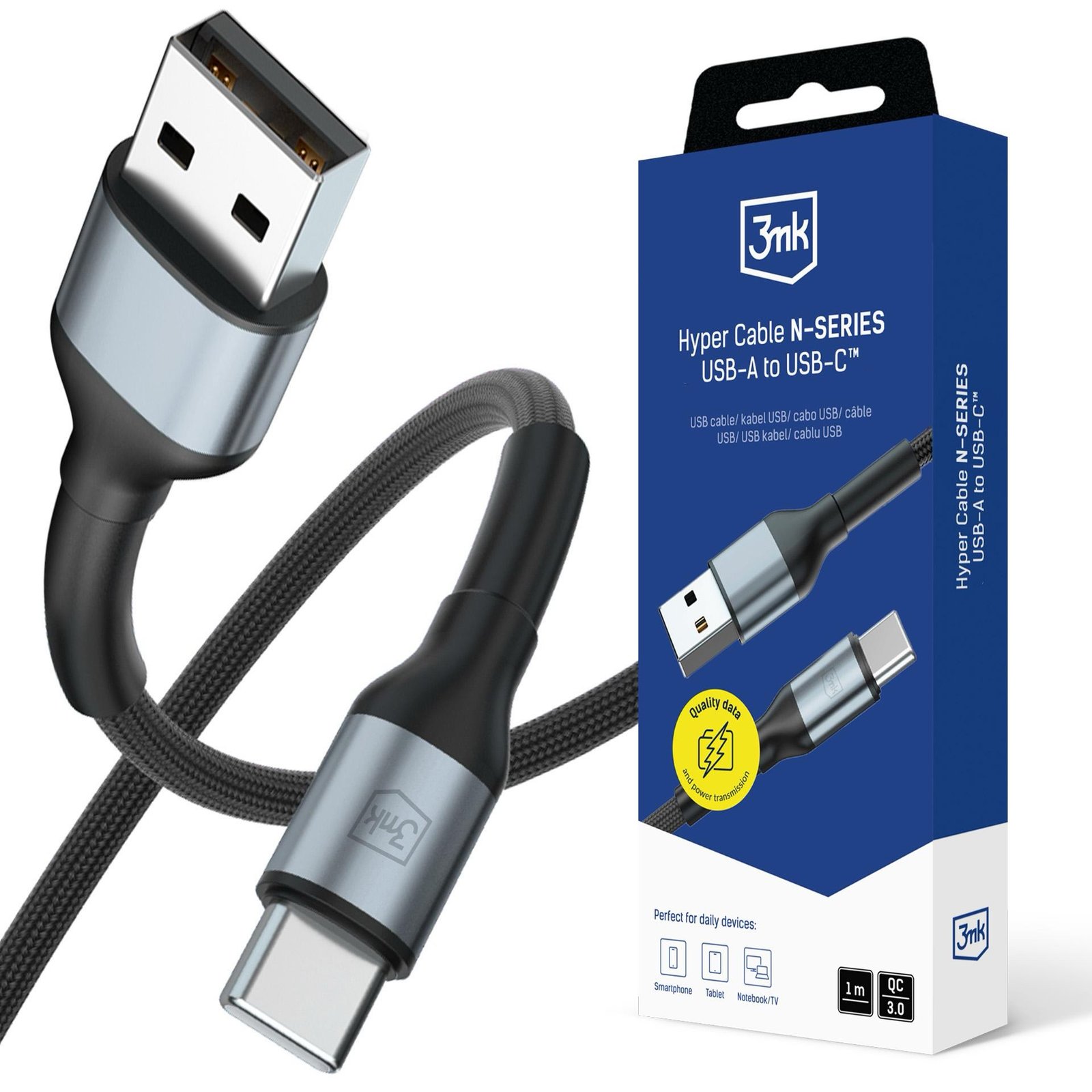 img_0076 3mk Hyper N-Series USB-A to USB-C Cable 1m (18W, QC 3.0) White — Model: 5903108680370 - Image 1