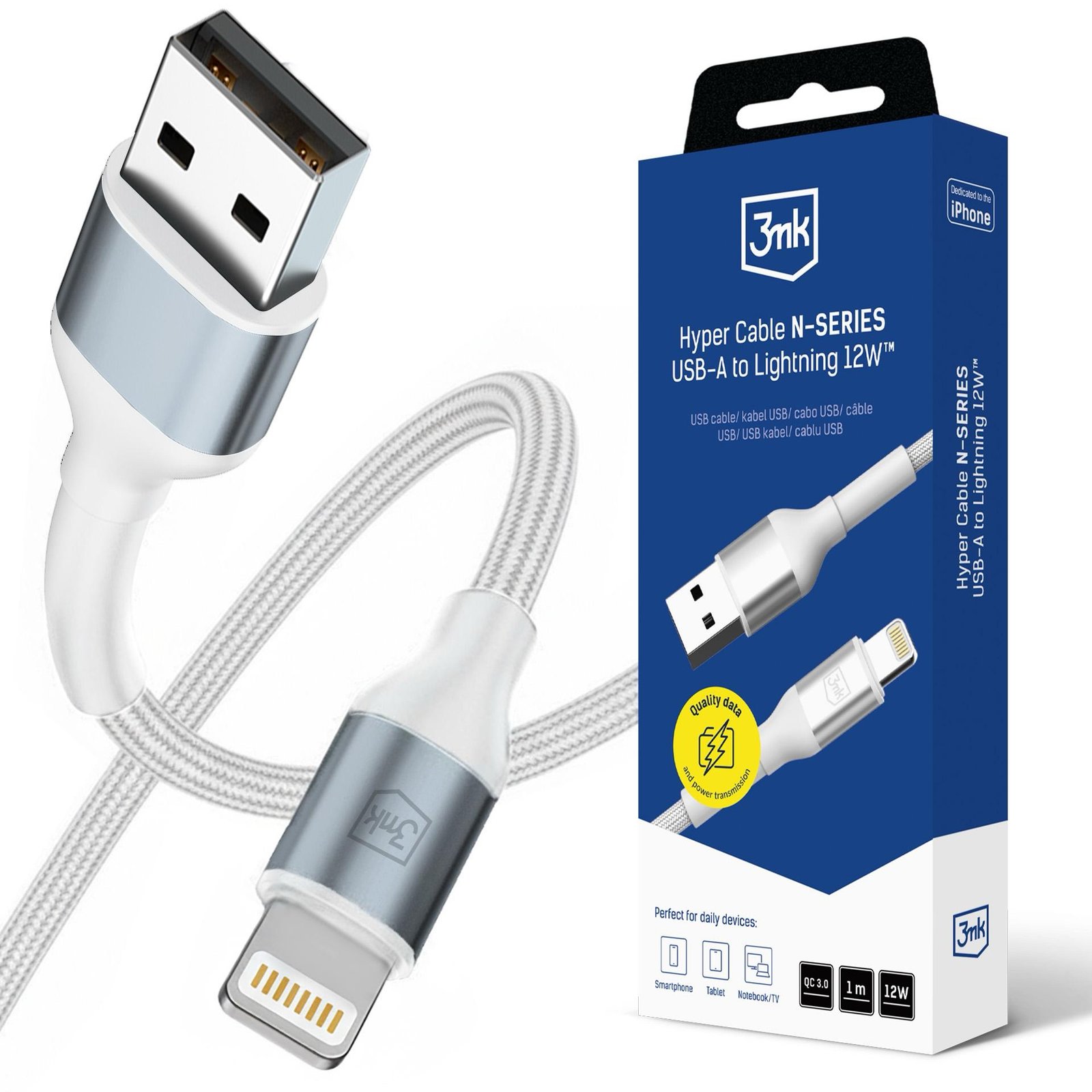 img_0077 3mk Hyper Series USB-A to Lightning Cable 1m (12W) White — Model: 5903108740753 - Image 1